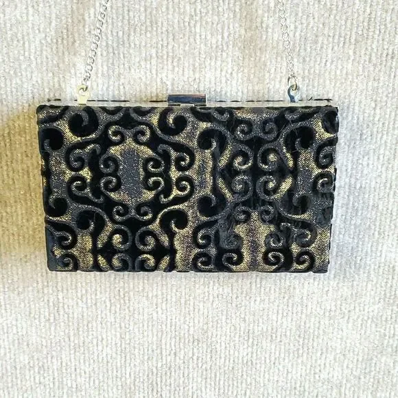 Evening Bag Clutch Purse Formal Black Velvet Baroque Metal Clasp Chain Strap - Picture 5 of 10